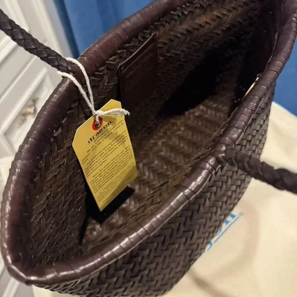 Dragon Diffusion Triple Jump Small Woven Leather Tote Dark Brown Basket Bag - Picture 8 of 11